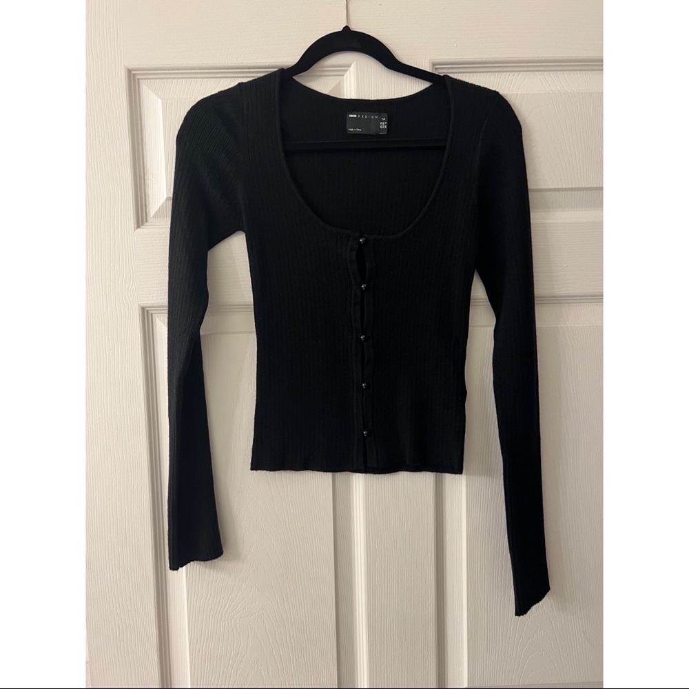 ASOS DESIGN Tall Ribbed Knit Button Through Cardi Top - Black